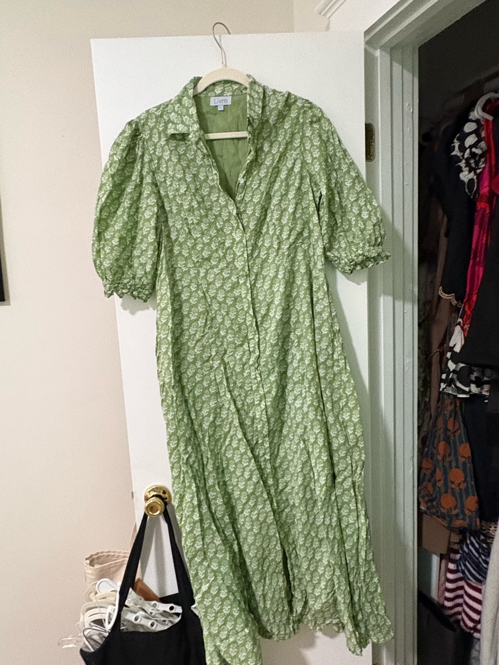 Light Green Floral Maxi Dress with Puff Sleeves by Livro